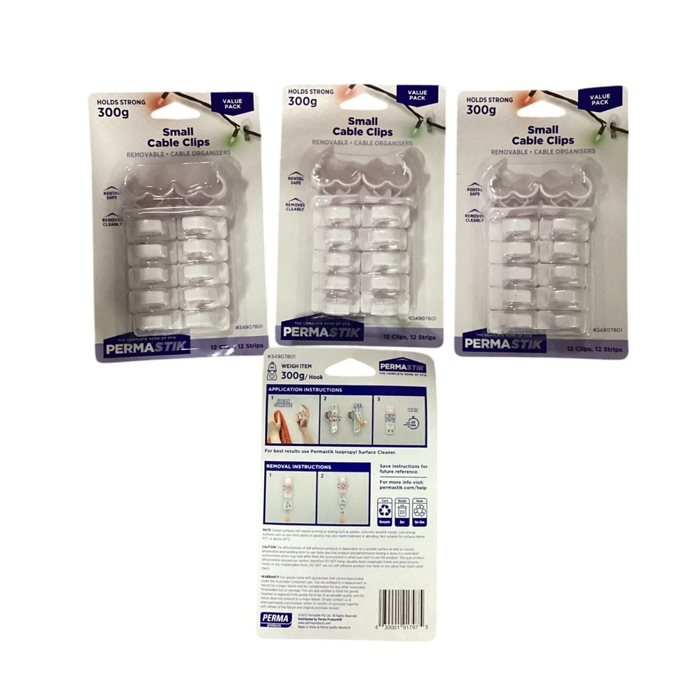 4- Small Cable Clips Removable Value Pack 12 Clips Holder Organiser